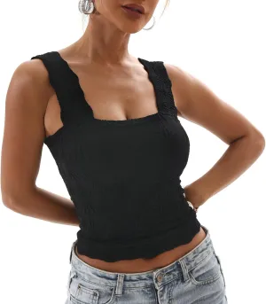 Women's Square Neck Seamless Wide Strap Crop Tank Tops,Slim Fit Flower Lettuce Trim Crop Cami Tops, Love Letter Cami