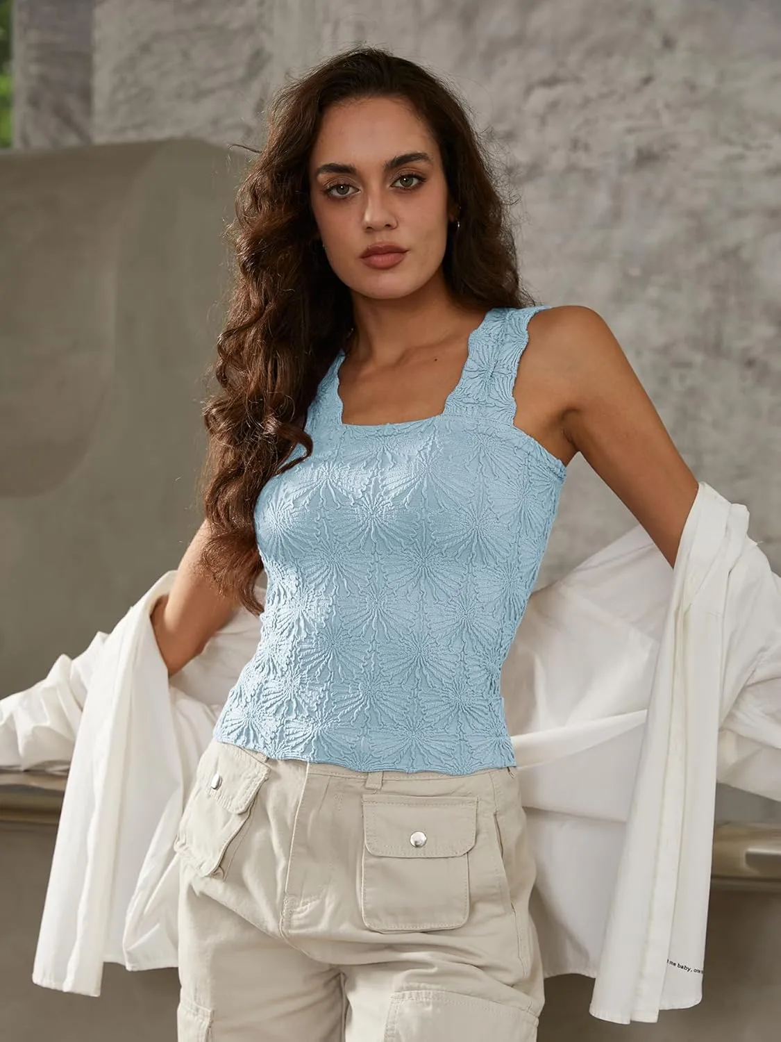 Women's Square Neck Seamless Wide Strap Crop Tank Tops,Slim Fit Flower Lettuce Trim Crop Cami Tops, Love Letter Cami