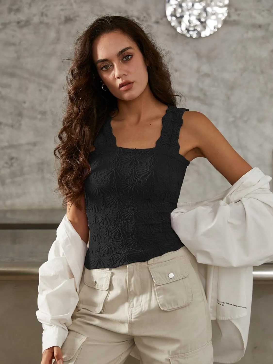 Women's Square Neck Seamless Wide Strap Crop Tank Tops,Slim Fit Flower Lettuce Trim Crop Cami Tops, Love Letter Cami
