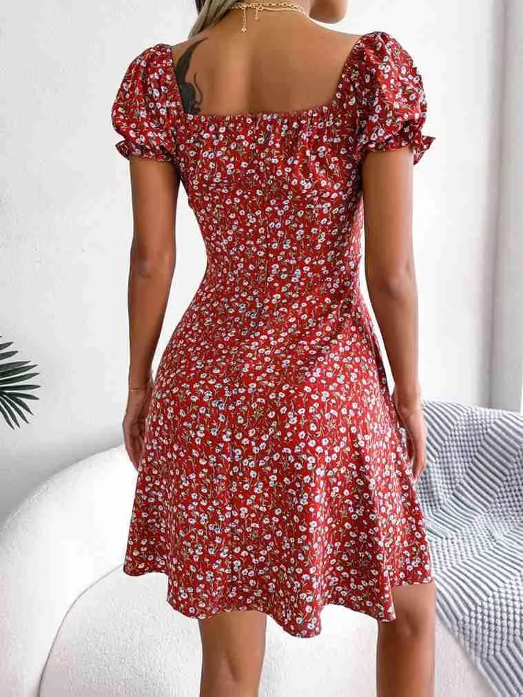 Women's Summer Boho Dress Floral Print Puff Sleeve High Waist Casual Beach Mini Dresses Sundress