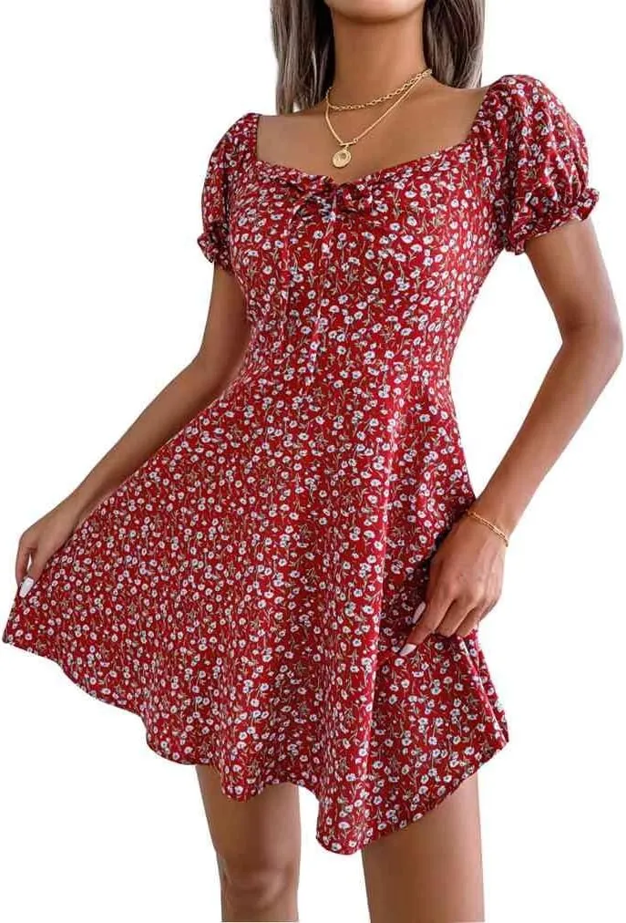 Women's Summer Boho Dress Floral Print Puff Sleeve High Waist Casual Beach Mini Dresses Sundress