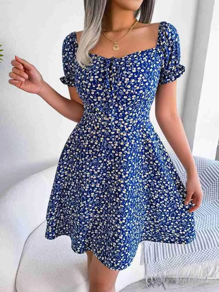 Women's Summer Boho Dress Floral Print Puff Sleeve High Waist Casual Beach Mini Dresses Sundress