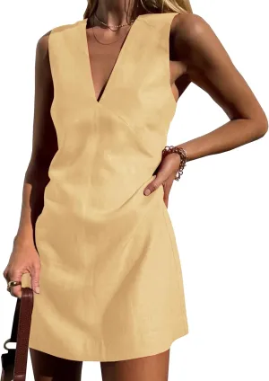 Womens Summer Cotton Linen V Neck Short Dress Sleeveless Mini Dress Casual A Line Tank Sundress