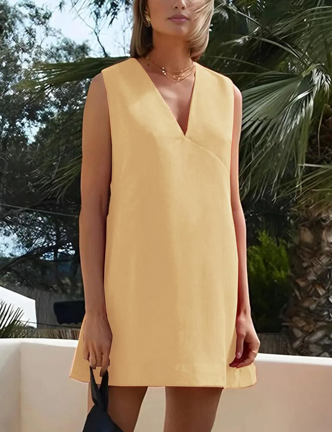 Womens Summer Cotton Linen V Neck Short Dress Sleeveless Mini Dress Casual A Line Tank Sundress