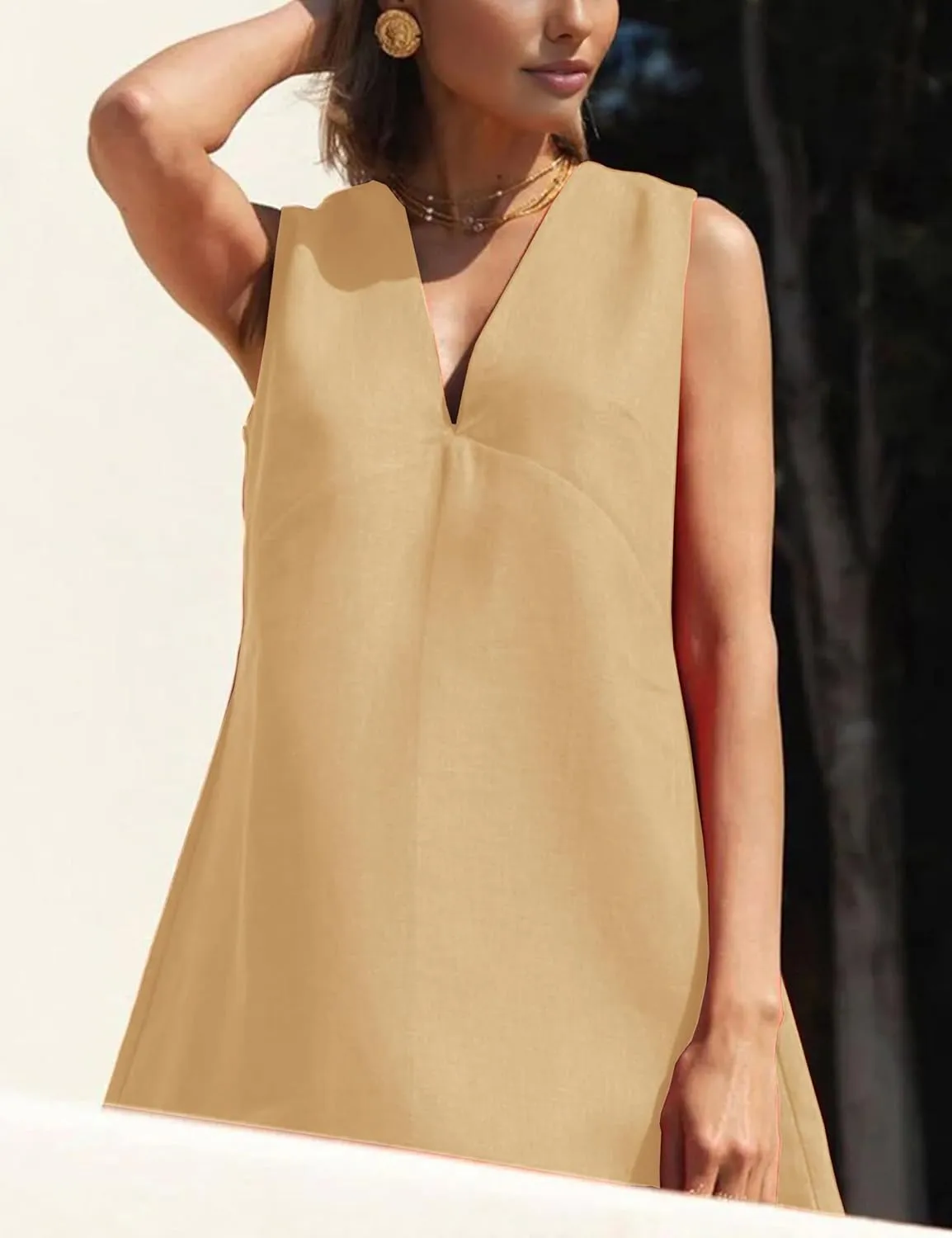 Womens Summer Cotton Linen V Neck Short Dress Sleeveless Mini Dress Casual A Line Tank Sundress