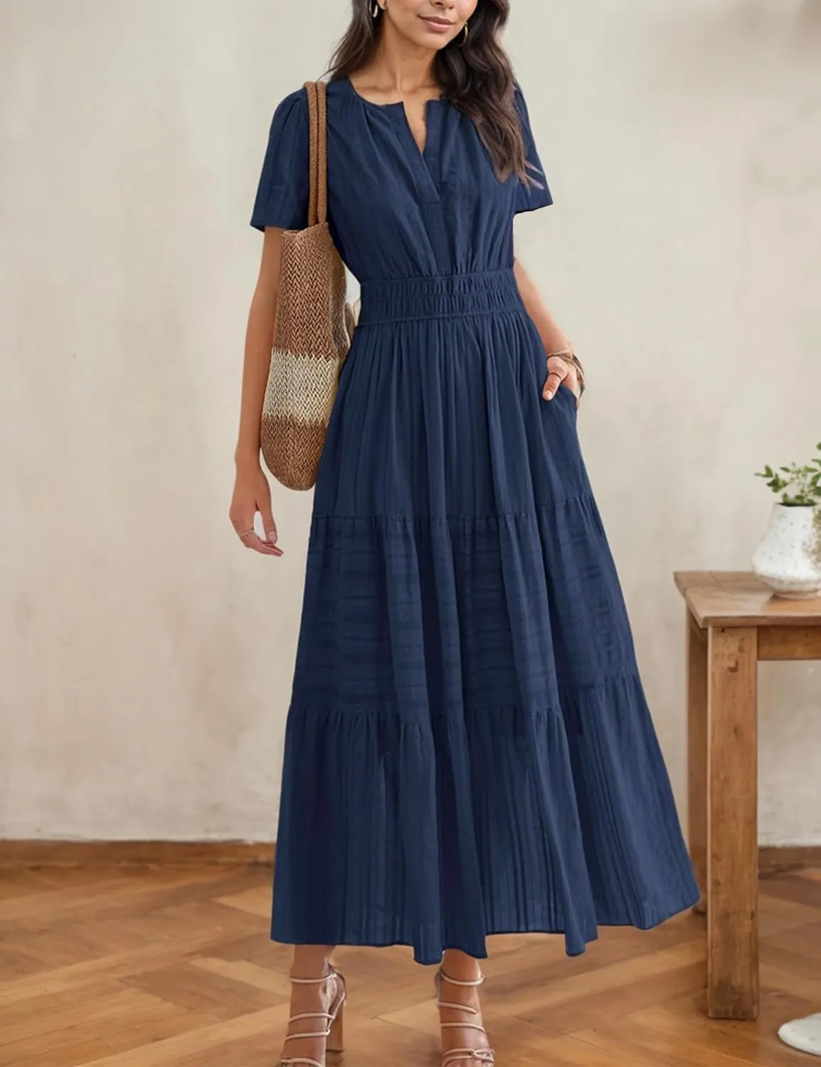 Womens Summer Midi Maxi Dresses Casual V Neck Short Sleeve Flowy A Line Boho Beach Dress with Pockets