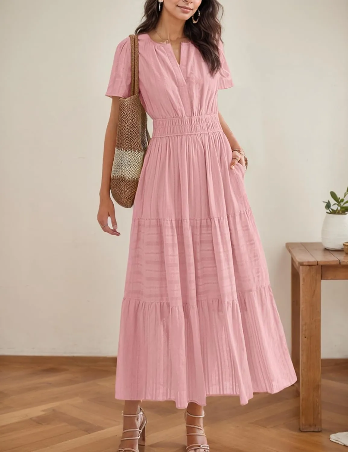 Womens Summer Midi Maxi Dresses Casual V Neck Short Sleeve Flowy A Line Boho Beach Dress with Pockets