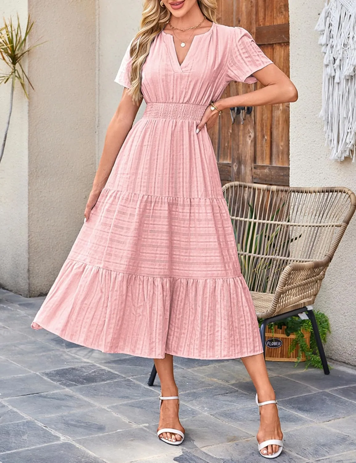 Womens Summer Midi Maxi Dresses Casual V Neck Short Sleeve Flowy A Line Boho Beach Dress with Pockets