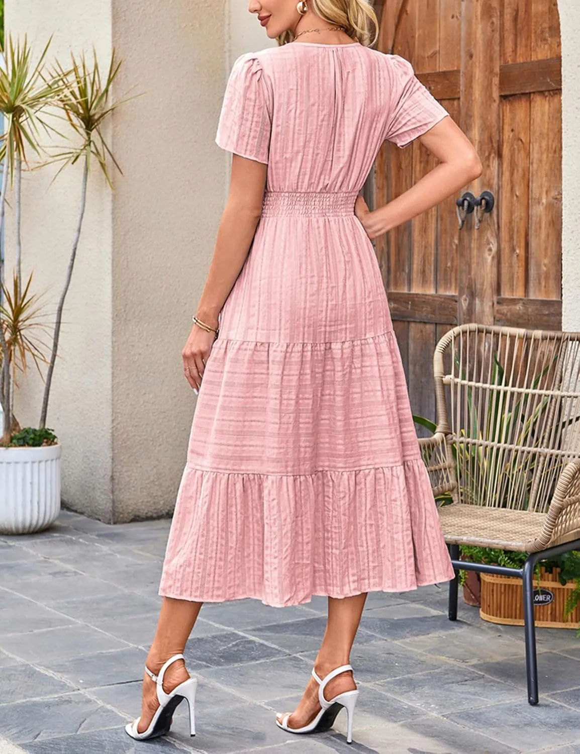 Womens Summer Midi Maxi Dresses Casual V Neck Short Sleeve Flowy A Line Boho Beach Dress with Pockets