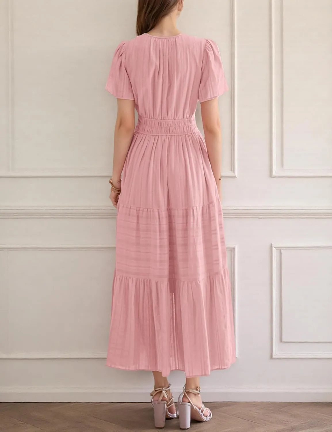Womens Summer Midi Maxi Dresses Casual V Neck Short Sleeve Flowy A Line Boho Beach Dress with Pockets
