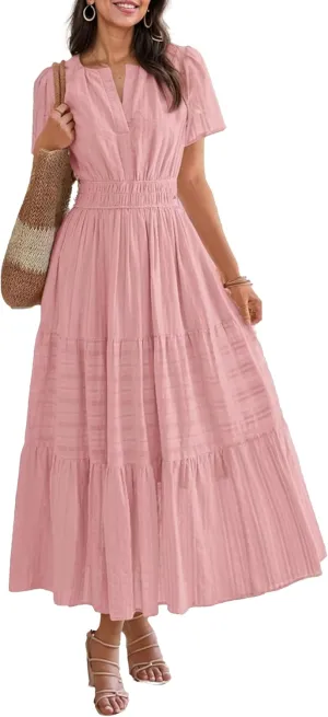 Womens Summer Midi Maxi Dresses Casual V Neck Short Sleeve Flowy A Line Boho Beach Dress with Pockets