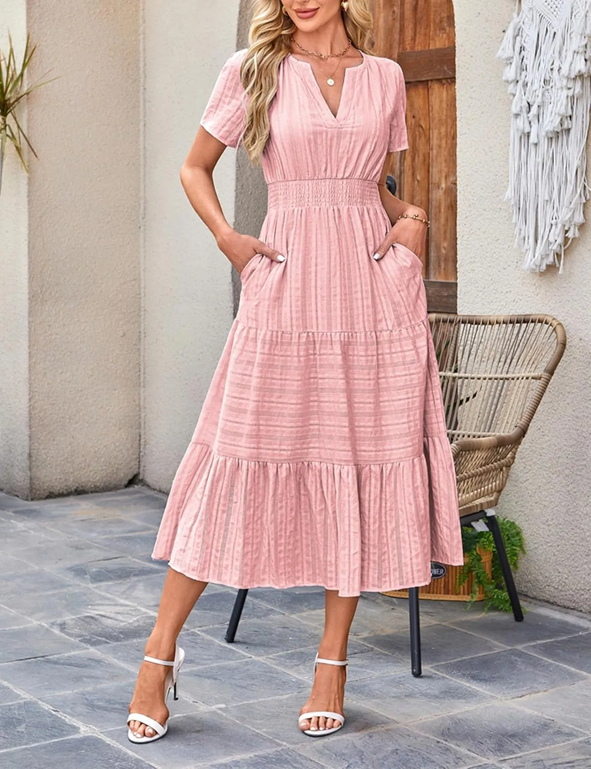 Womens Summer Midi Maxi Dresses Casual V Neck Short Sleeve Flowy A Line Boho Beach Dress with Pockets