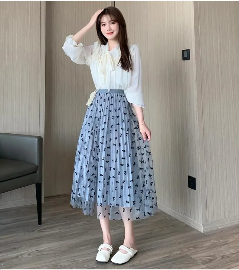 Womens Tulle Skirts Fairy Coquette Midi Elastic High Waisted Pleated Mesh Flowy A-Line Flowy Tutu Skirts