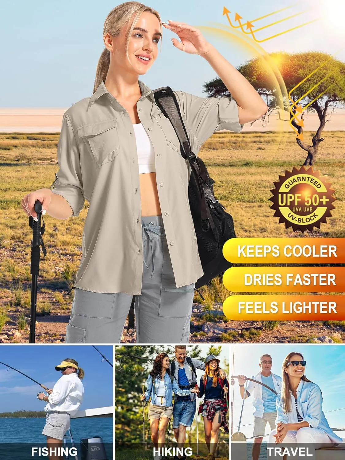 Women's UPF 50 UV Sun Protection Shirts Long Sleeve Outdoor Cool Quick Dry Safari Fishing Hiking Travel Shirts