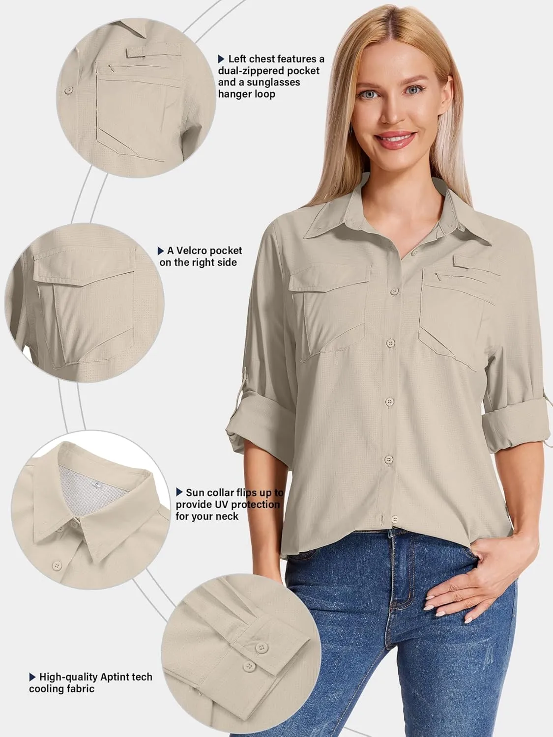 Women's UPF 50 UV Sun Protection Shirts Long Sleeve Outdoor Cool Quick Dry Safari Fishing Hiking Travel Shirts