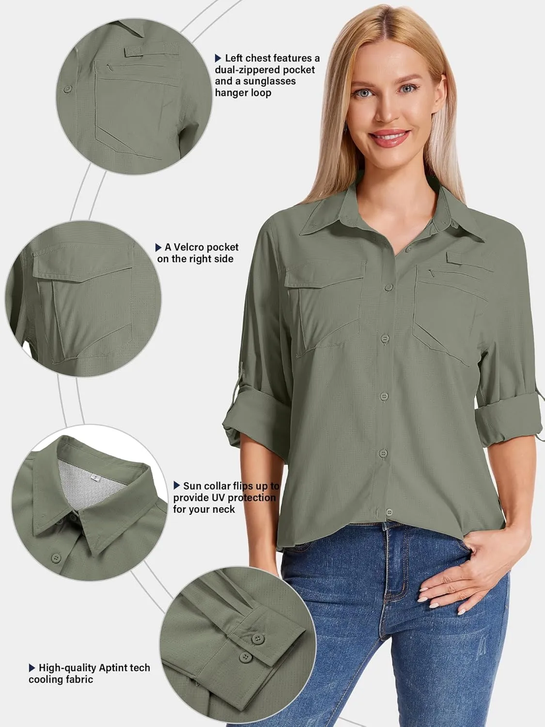 Women's UPF 50 UV Sun Protection Shirts Long Sleeve Outdoor Cool Quick Dry Safari Fishing Hiking Travel Shirts