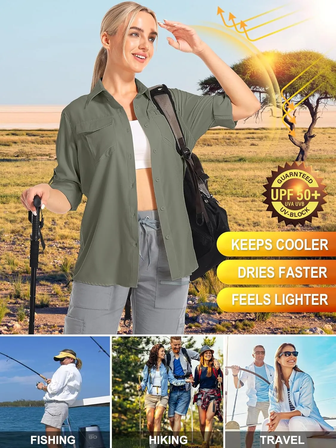 Women's UPF 50 UV Sun Protection Shirts Long Sleeve Outdoor Cool Quick Dry Safari Fishing Hiking Travel Shirts