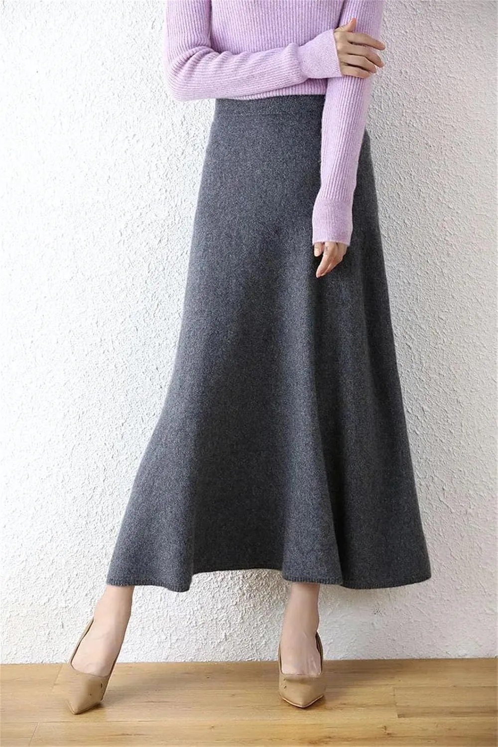 Women's Wool Over-The-Knee Skirt A-Line Long Skirt Vintage Classic Pleated Knit Sweater Midi Skirts