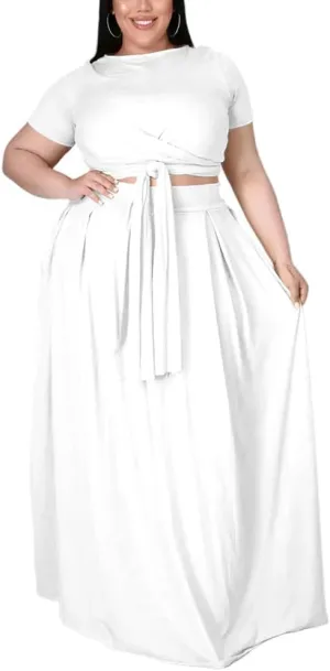 XYGJZ Women Plus Size 2 Piece Dress Outfits Short Sleeve Bandage Tie Up Crop Top and Maxi Skirt Set