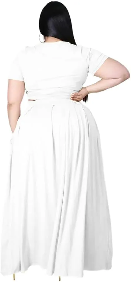 XYGJZ Women Plus Size 2 Piece Dress Outfits Short Sleeve Bandage Tie Up Crop Top and Maxi Skirt Set