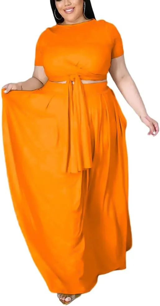 XYGJZ Women Plus Size 2 Piece Dress Outfits Short Sleeve Bandage Tie Up Crop Top and Maxi Skirt Set