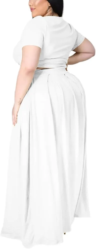 XYGJZ Women Plus Size 2 Piece Dress Outfits Short Sleeve Bandage Tie Up Crop Top and Maxi Skirt Set