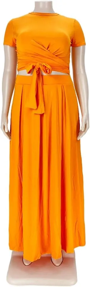 XYGJZ Women Plus Size 2 Piece Dress Outfits Short Sleeve Bandage Tie Up Crop Top and Maxi Skirt Set