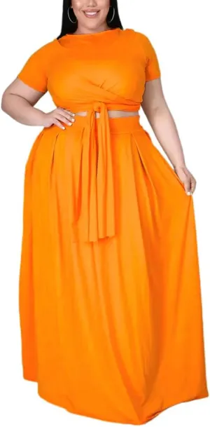 XYGJZ Women Plus Size 2 Piece Dress Outfits Short Sleeve Bandage Tie Up Crop Top and Maxi Skirt Set