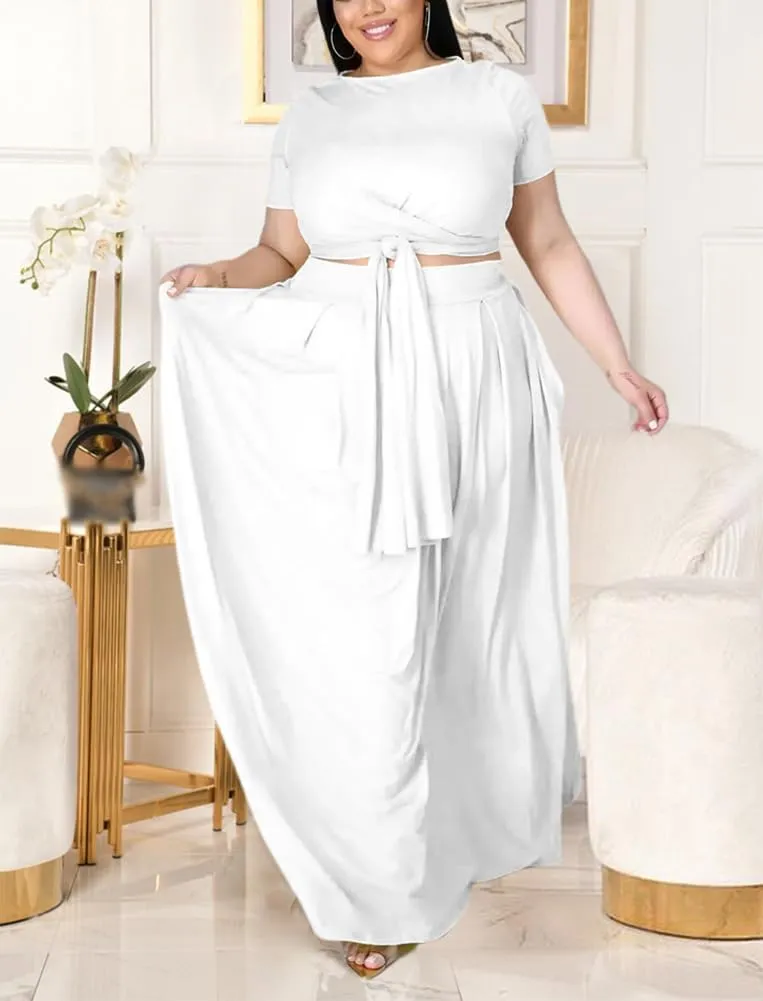 XYGJZ Women Plus Size 2 Piece Dress Outfits Short Sleeve Bandage Tie Up Crop Top and Maxi Skirt Set