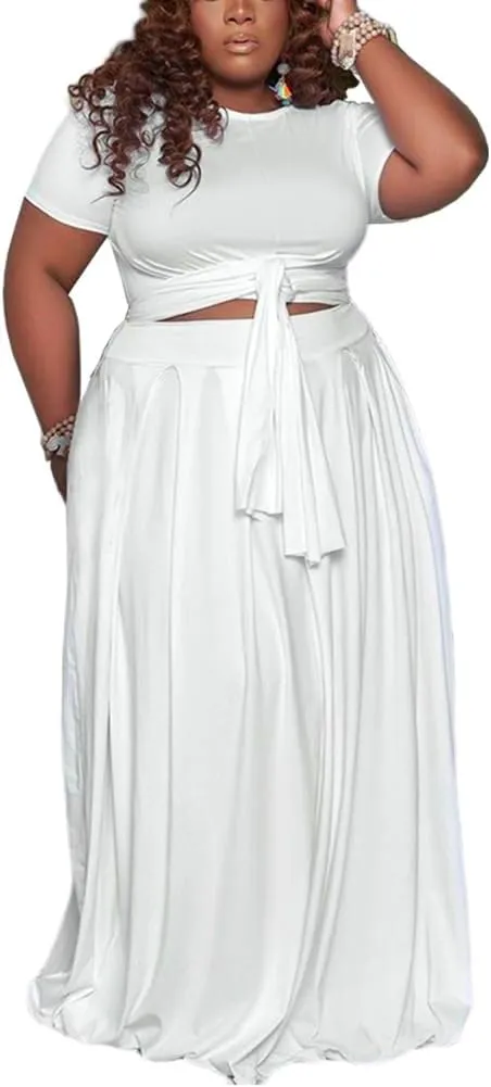 XYGJZ Women Plus Size 2 Piece Dress Outfits Short Sleeve Bandage Tie Up Crop Top and Maxi Skirt Set