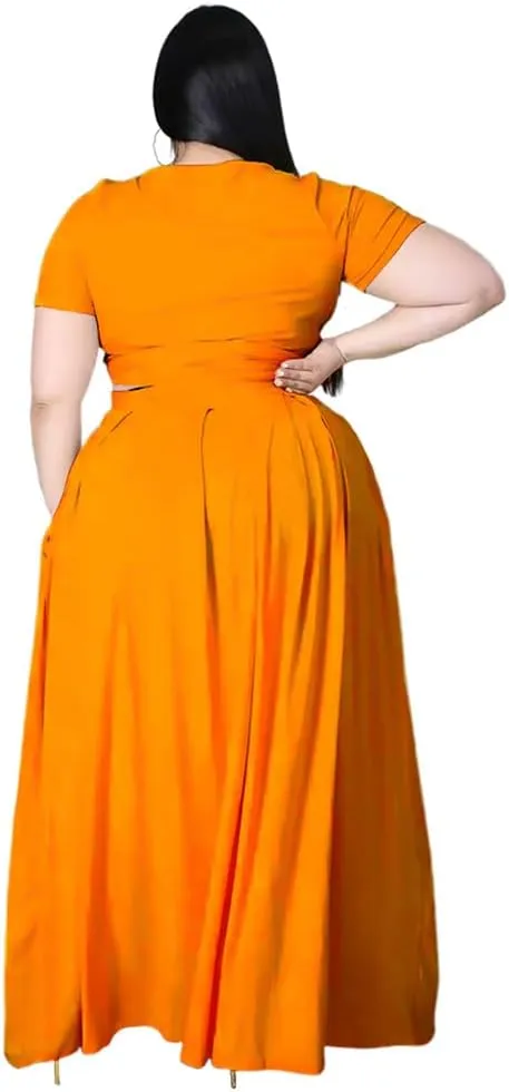 XYGJZ Women Plus Size 2 Piece Dress Outfits Short Sleeve Bandage Tie Up Crop Top and Maxi Skirt Set