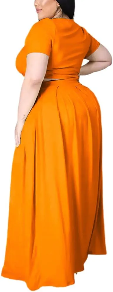 XYGJZ Women Plus Size 2 Piece Dress Outfits Short Sleeve Bandage Tie Up Crop Top and Maxi Skirt Set