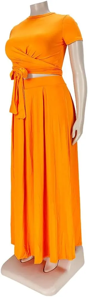 XYGJZ Women Plus Size 2 Piece Dress Outfits Short Sleeve Bandage Tie Up Crop Top and Maxi Skirt Set