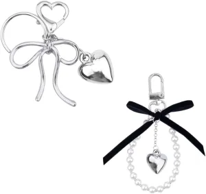 Y2k Bow Keychain Wristlet For Purse Earphone Case Charms For Girls Pearl Beaded Keychain For Key Chain Set 2000s