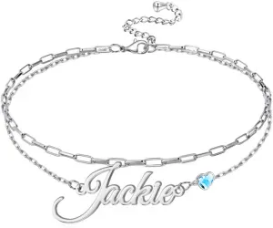 YAFEINI Personalized Name Ankle Bracelet 925 Sterling Sliver Double Layered Customized Name Ankle Bracelet Layered Chain Custom Jewelry Gifts for Women