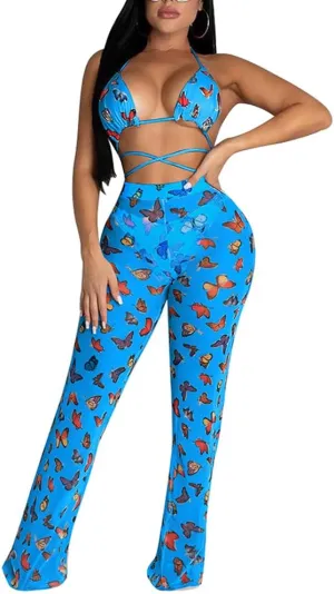 Yeshire Women's Sexy 2 Pieces Outfit See Through Crop Top and Pants Sets Mesh Cover Up Backless Jumpsuits Clubwear