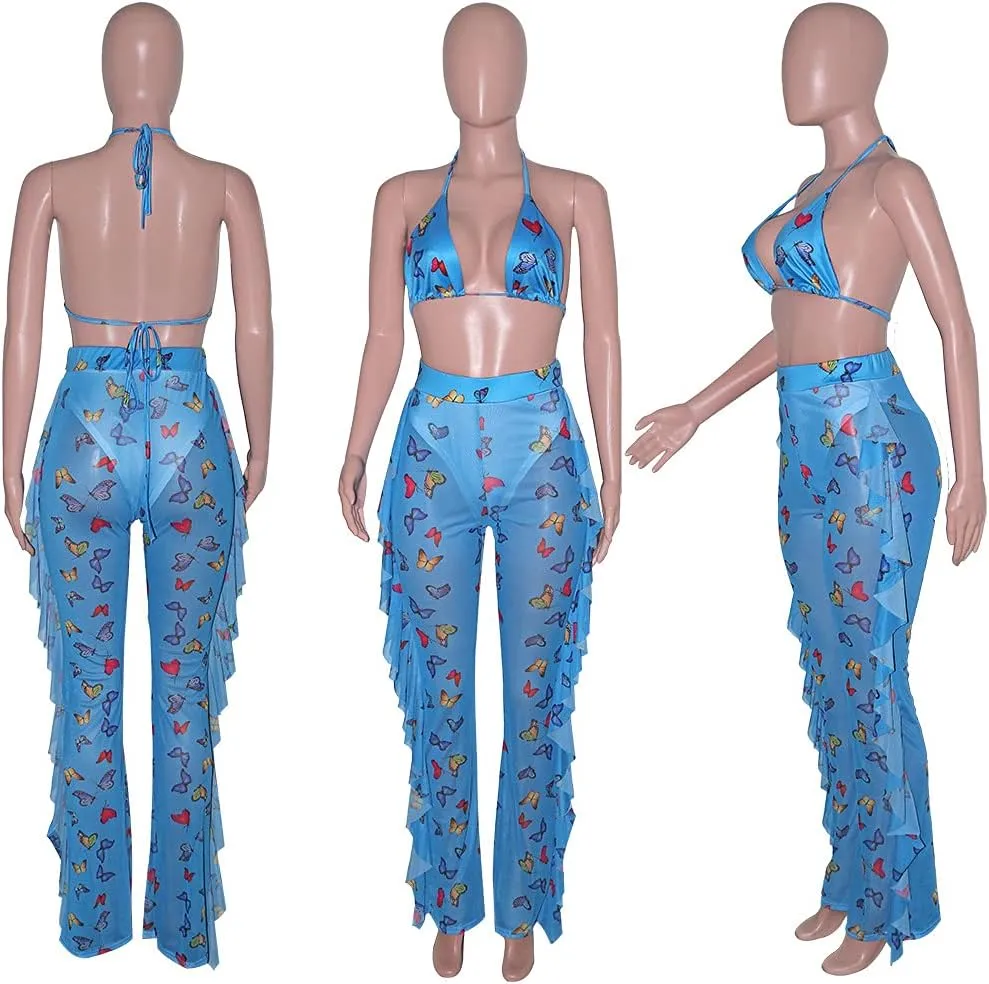 Yeshire Women's Sexy 2 Pieces Outfit See Through Crop Top and Pants Sets Mesh Cover Up Backless Jumpsuits Clubwear