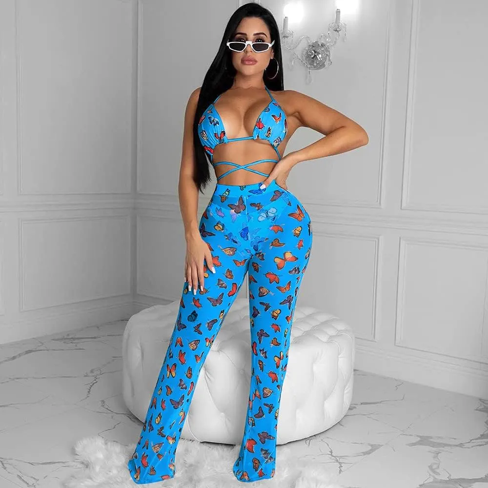 Yeshire Women's Sexy 2 Pieces Outfit See Through Crop Top and Pants Sets Mesh Cover Up Backless Jumpsuits Clubwear