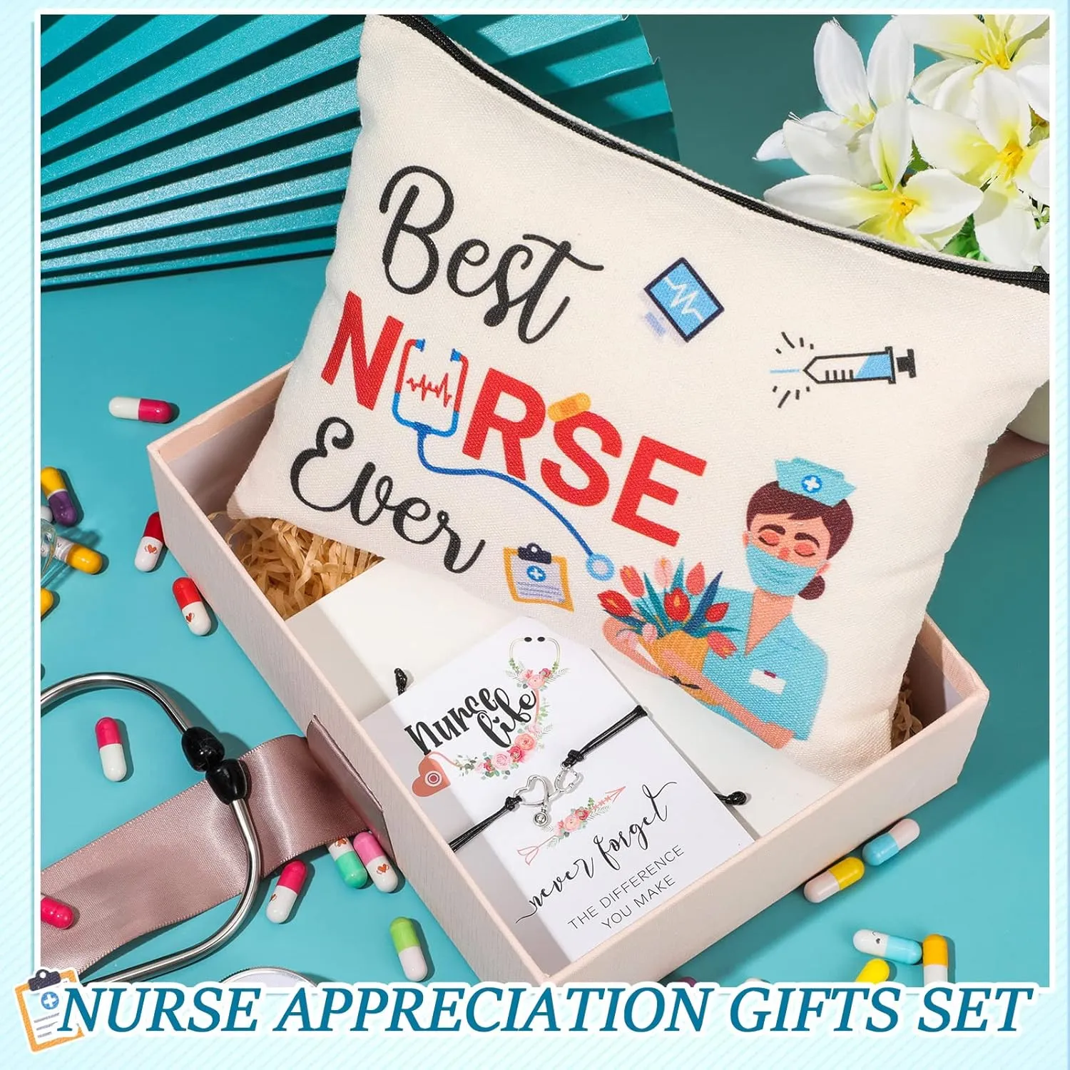 Yinkin 32 Pcs Nurse Appreciation Gift 2025 for Nurse Week 16 Canvas Makeup Cosmetic Bags Survival Kit and 16 Blessing Card Bracelets, Christmas Medical Staff Practitioner Gift for Women(Elegant)