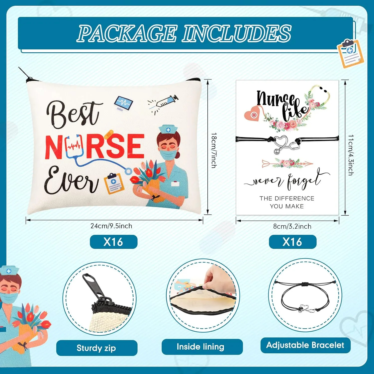 Yinkin 32 Pcs Nurse Appreciation Gift 2025 for Nurse Week 16 Canvas Makeup Cosmetic Bags Survival Kit and 16 Blessing Card Bracelets, Christmas Medical Staff Practitioner Gift for Women(Elegant)