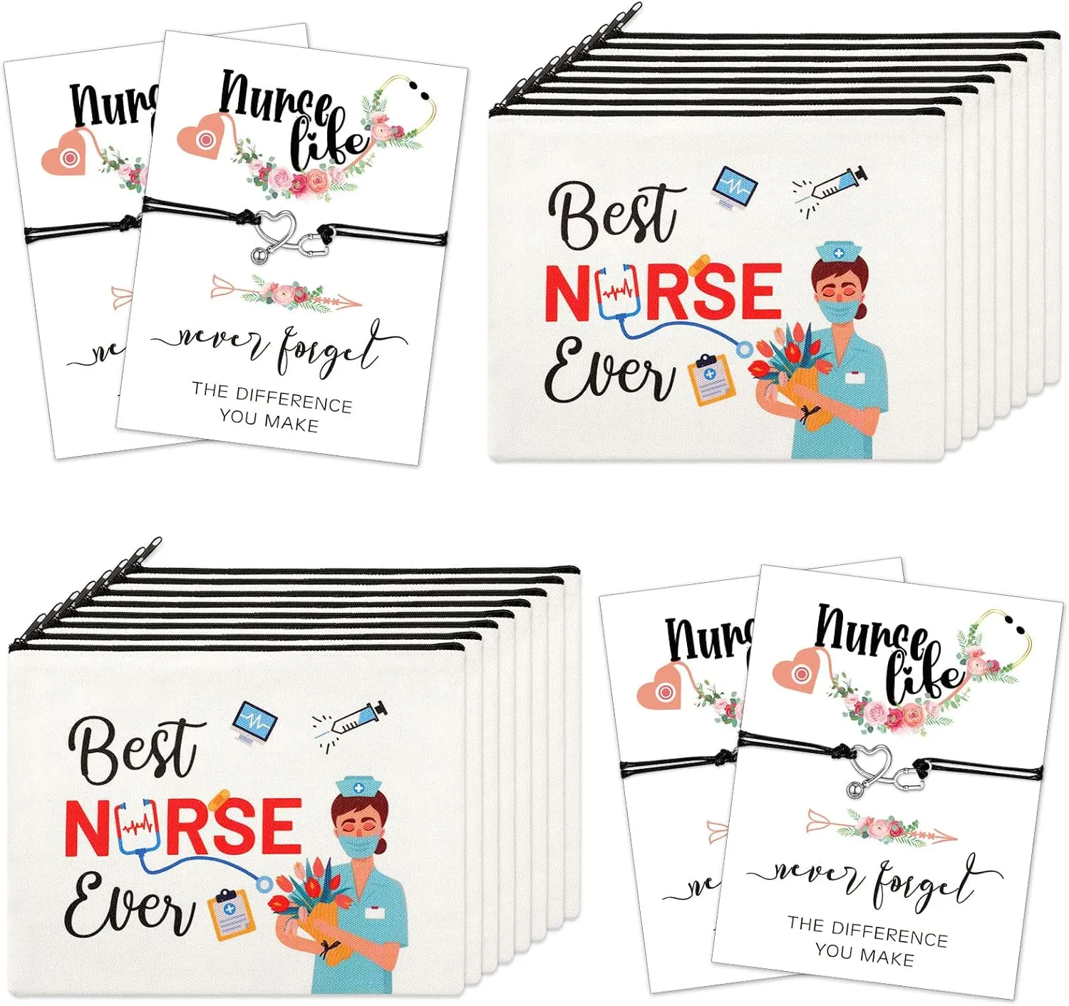 Yinkin 32 Pcs Nurse Appreciation Gift 2025 for Nurse Week 16 Canvas Makeup Cosmetic Bags Survival Kit and 16 Blessing Card Bracelets, Christmas Medical Staff Practitioner Gift for Women(Elegant)