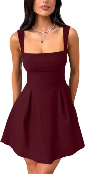 YMDUCH Women's Sexy Sleeveless Square Neck Adjustable Straps Bow Tie A-line Mini Party Club Dress