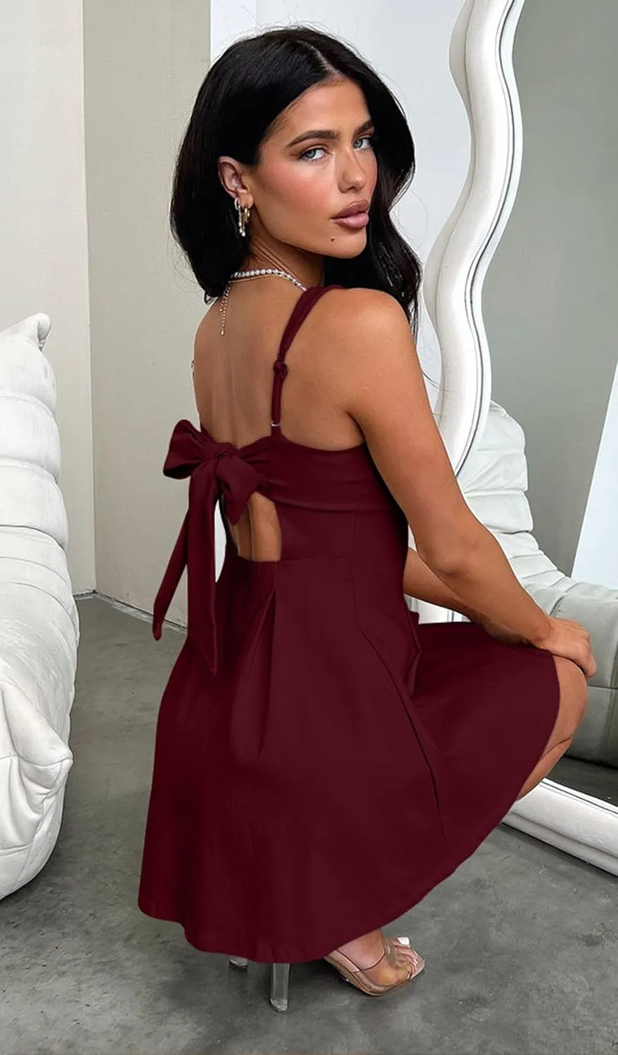 YMDUCH Women's Sexy Sleeveless Square Neck Adjustable Straps Bow Tie A-line Mini Party Club Dress