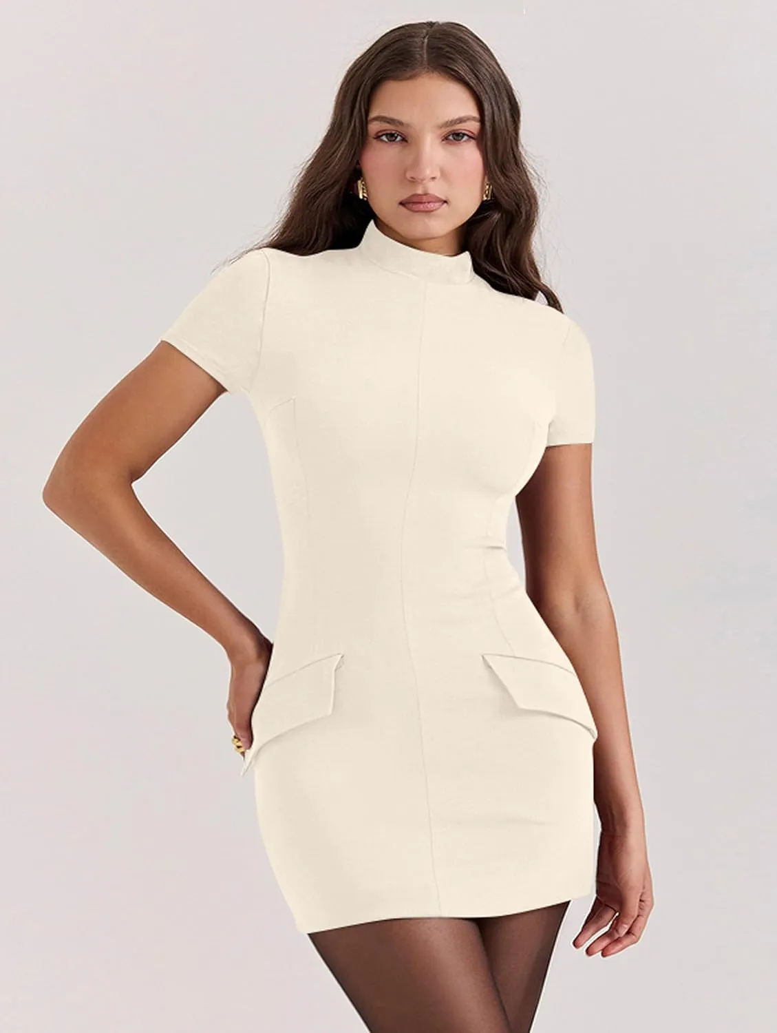 YMDUCH Women's Short Sleeve Mock Turtle Neck Bodycon Mini Tank Short Party Dress