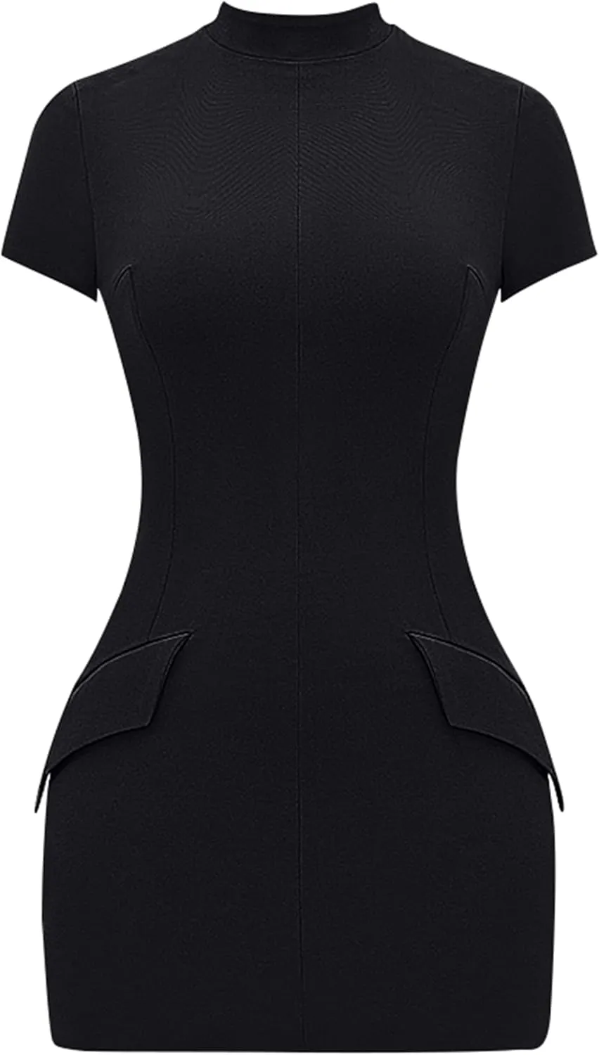 YMDUCH Women's Short Sleeve Mock Turtle Neck Bodycon Mini Tank Short Party Dress