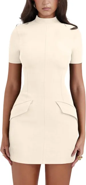 YMDUCH Women's Short Sleeve Mock Turtle Neck Bodycon Mini Tank Short Party Dress