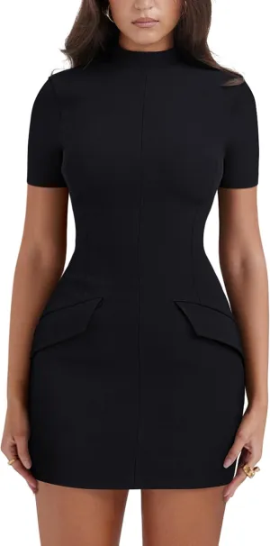 YMDUCH Women's Short Sleeve Mock Turtle Neck Bodycon Mini Tank Short Party Dress