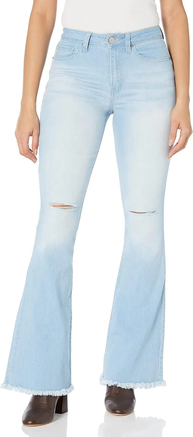 YMI Womens High-Rise Flare Jean with Frayed Hem-Long Inseam