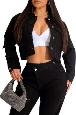 YouSexy Cropped Denim Jackets for Women Long Sleeve Destroyed Wash Jean Jackets