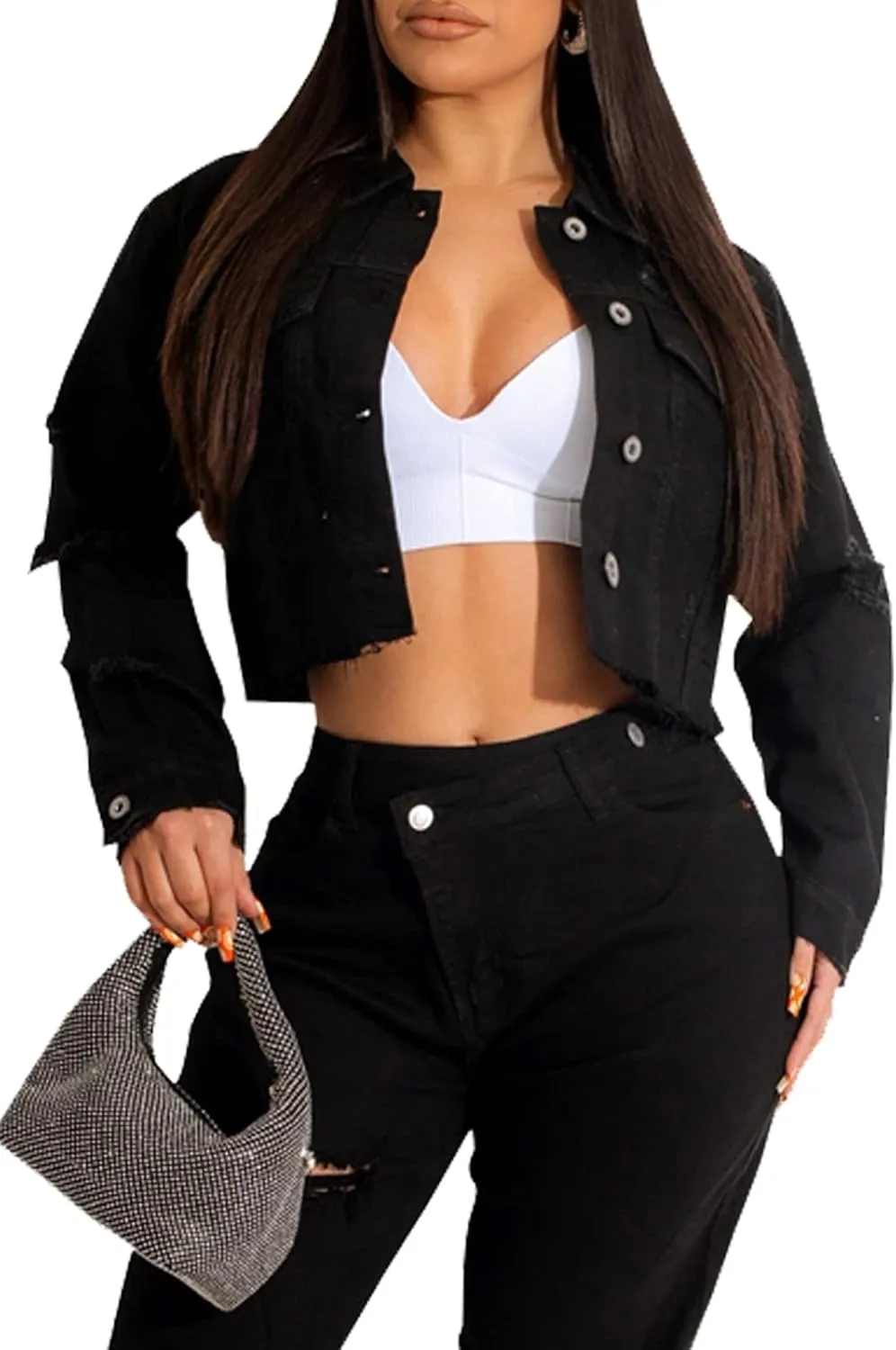 YouSexy Cropped Denim Jackets for Women Long Sleeve Destroyed Wash Jean Jackets